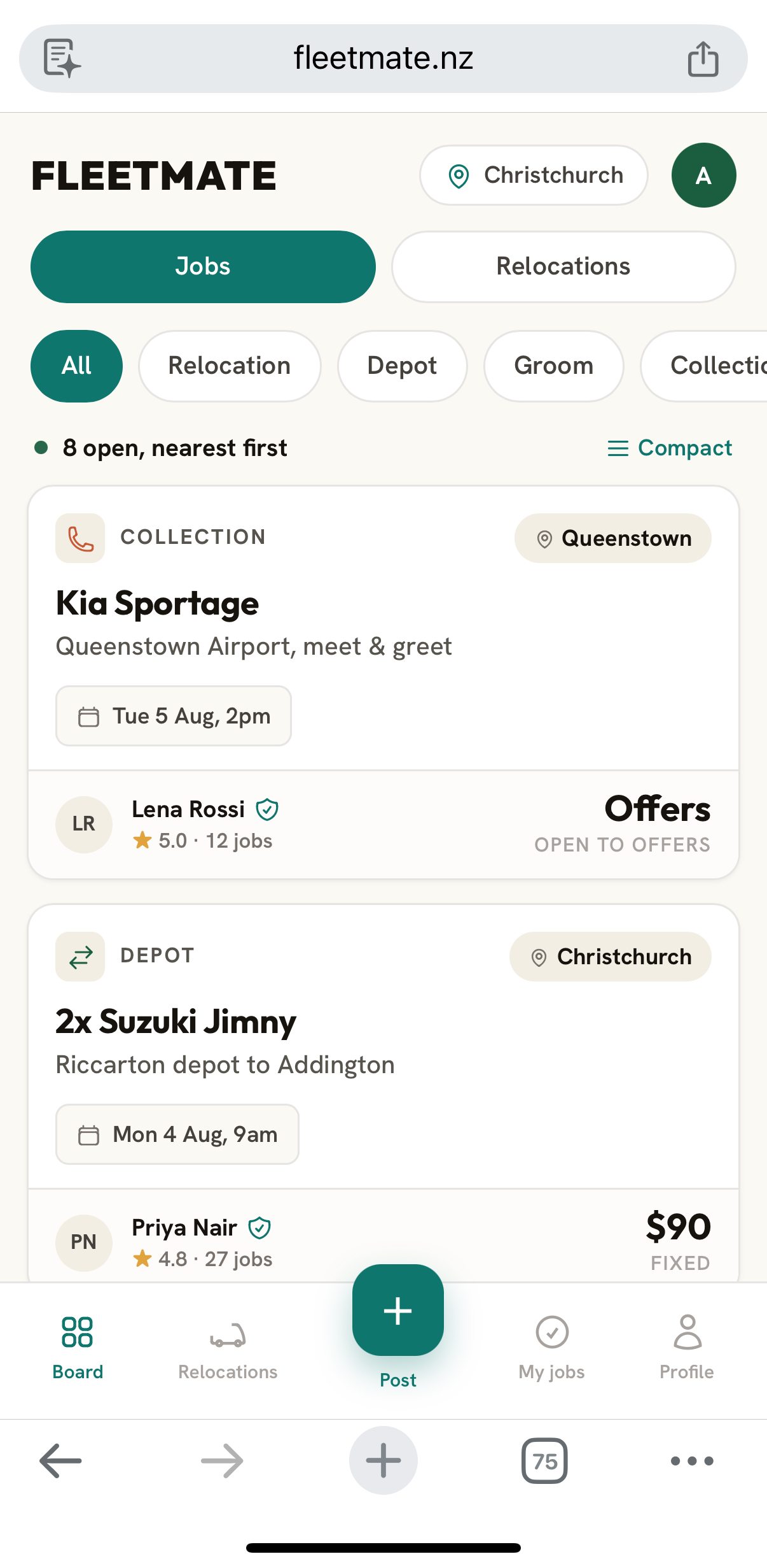 The Fleetmate jobs board on a phone